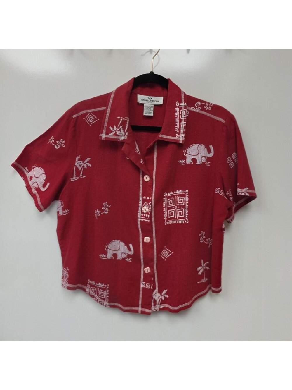 Erin London Button Up Shirt Womens L Petite Red Elephant Tropical Linen Print